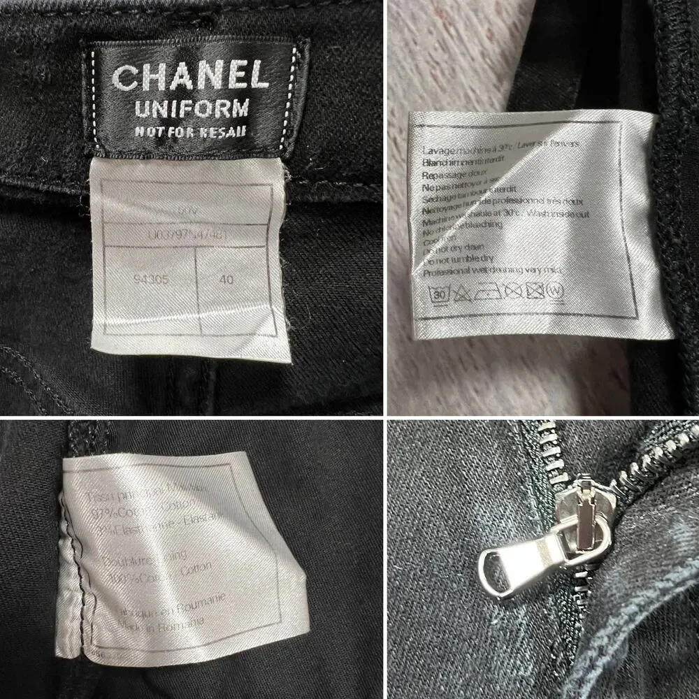 Chanel Uniform Slim Straight Stretch Denim Jeans Black EU 40 Lion Crest